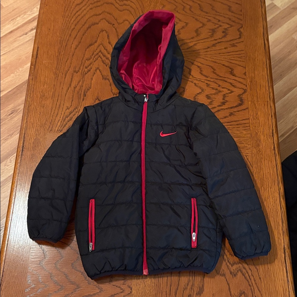 Nike Kids Hooded Puffer Jacket Coat Swoosh Black And Red Full Zip Boys Size S 5